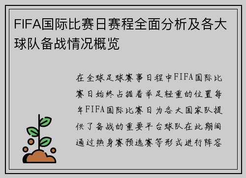 FIFA国际比赛日赛程全面分析及各大球队备战情况概览 FIFA国际比赛日赛程全面分析及各大球队备战情况概览